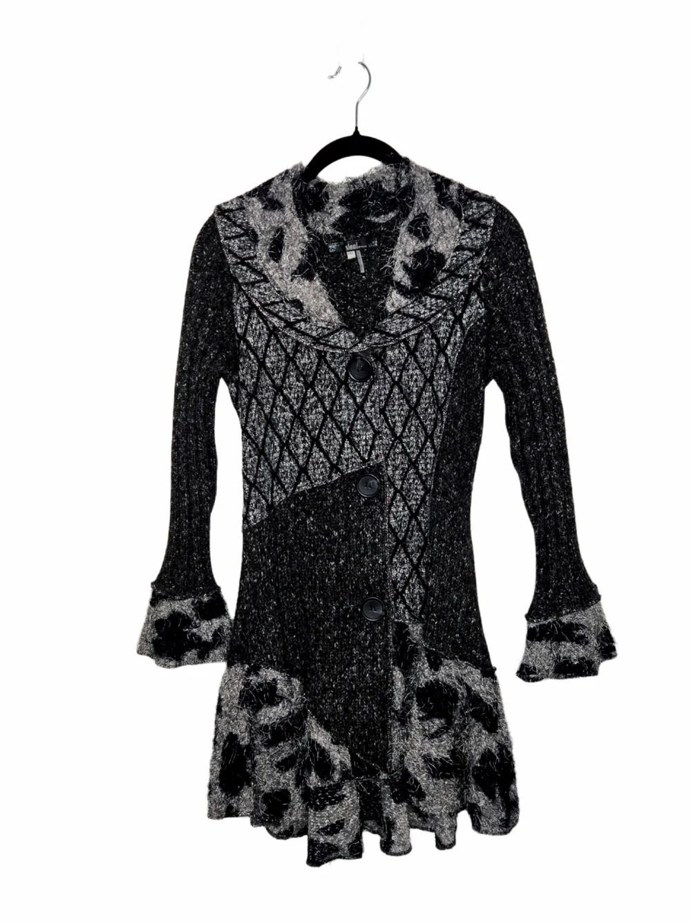 Y2k Black & Gray Textured Button-Front Sweater Coat!